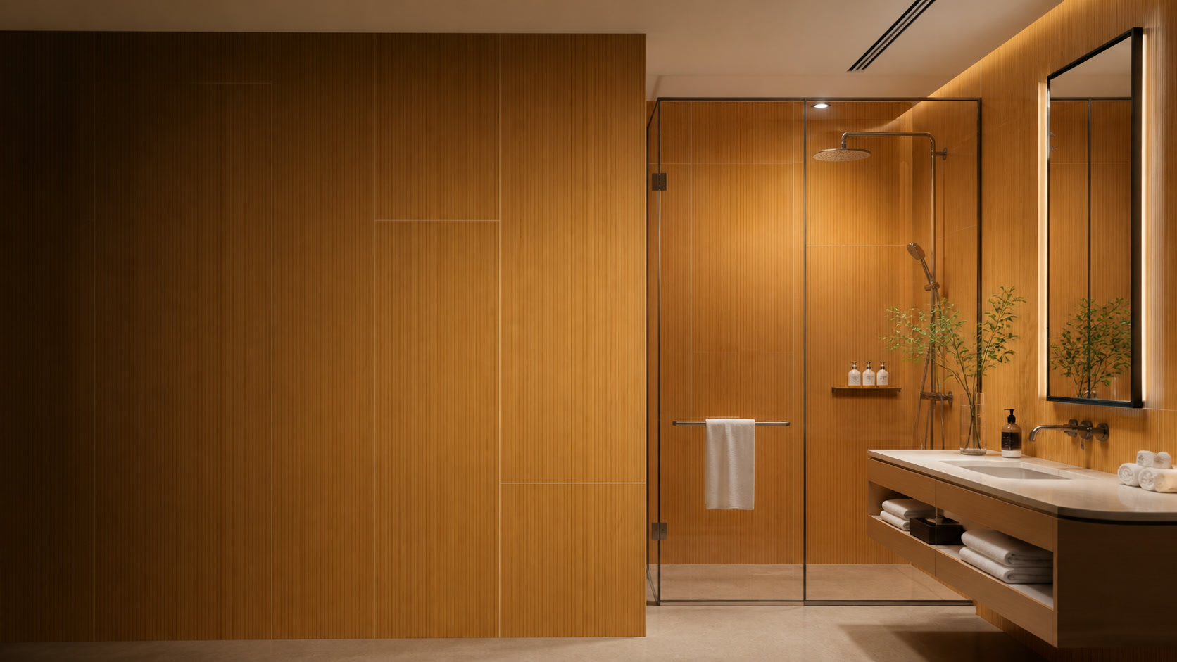 Wood-grain SPC stone crystal wall panels in a hotel bathroom