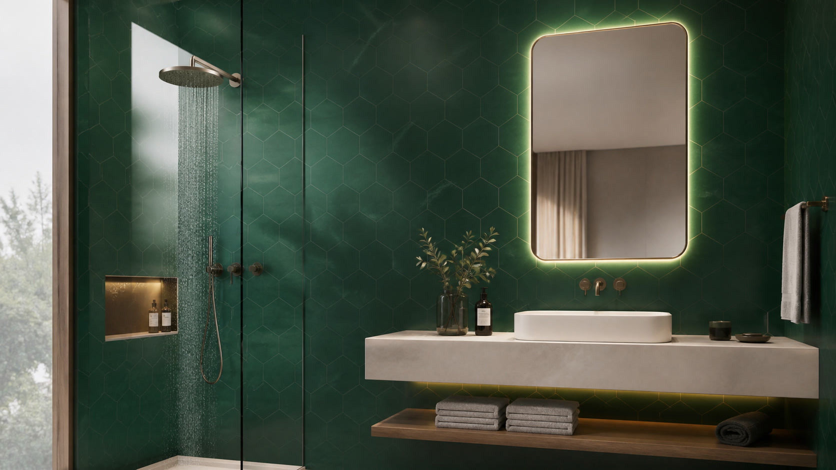 Green hexagon tile-look SPC stone crystal bathroom wall panel