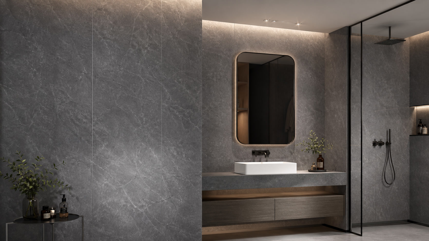 Grey stone-look SPC stone crystal wall panels in a modern bathroom