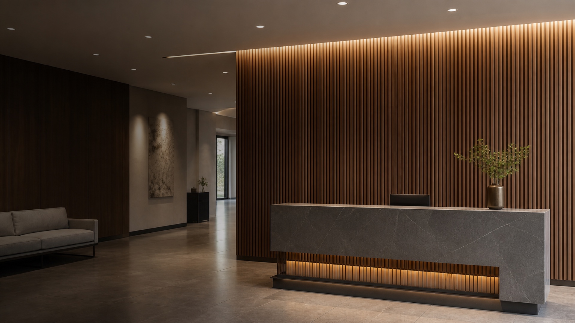 Walnut fluted WPC wall panels in a hotel reception lobby