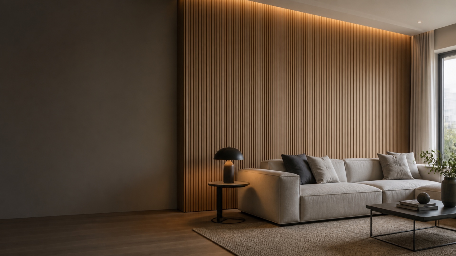 Oak fluted WPC wall panels in a residential living room