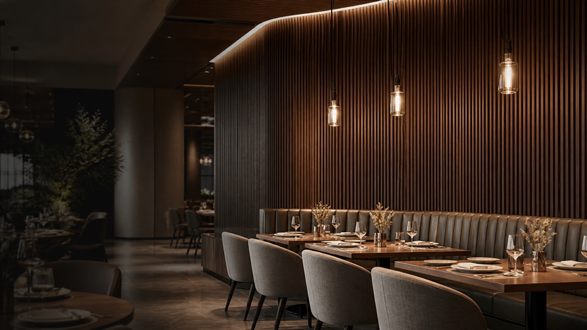 Dark walnut WPC fluted wall panels in a restaurant